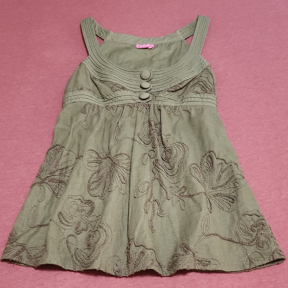 BCBGirls Olive Button-Front Embroidered Tank Top Size S
